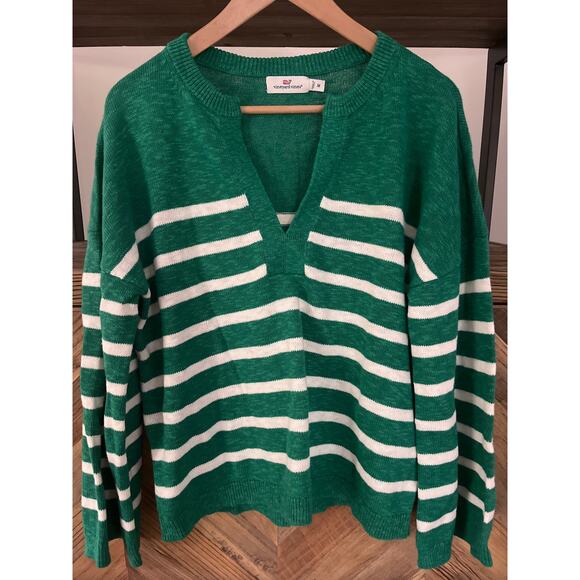 Vineyard Vines Cotton/linen Blend V-neck Sweater Kelly Green White Stripe Sz M - Picture 1 of 4